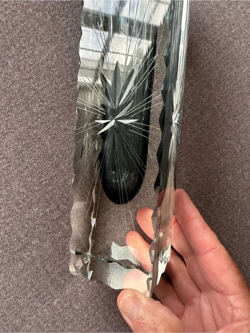 Gorgeous Cut Crystal Tall Flower Vase w/ Star Detail & Grey Accent Inside